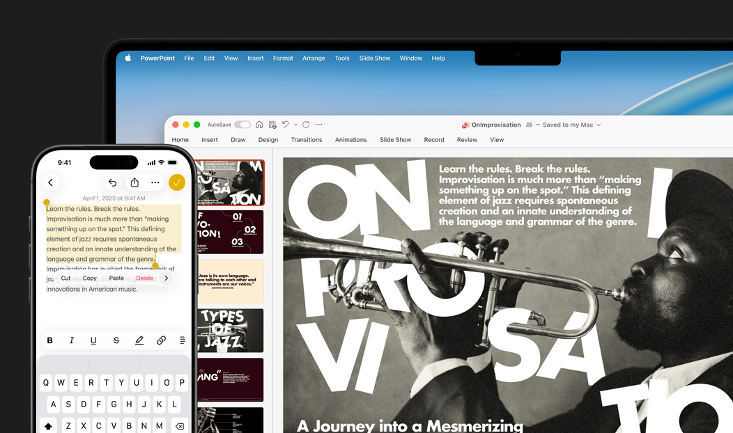 iPhone 16 Plus con texto resaltado en la app Notas, MacBook Pro con una diapositiva de PowerPoint abierta, el texto de la app Notas también aparece en la diapositiva