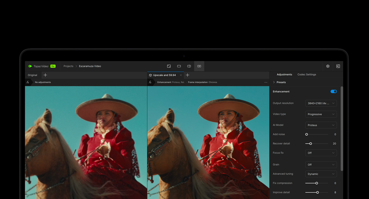 Pantalla de una MacBook Pro que muestra un video siendo mejorado con IA en Topaz Video