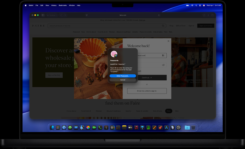 Mientras alguien navega en Safari, aparece un mensaje que invita a usar Touch ID para iniciar sesión en un sitio web