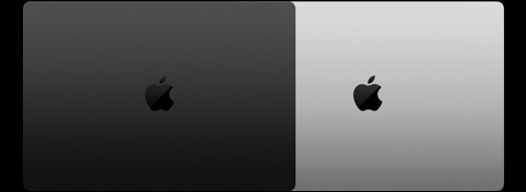 Exteriors of two MacBook Pro 16-inch models showing the two finishes available