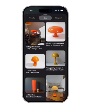 iPhone wyświetla siatkę zdjęć różnych lamp grzybków z Etsy. Obok widoczne są karty Google i Pinterest