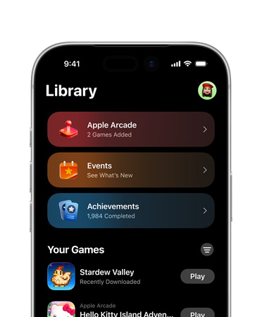 Górna część ekranu iPhone’a z widokiem Apple Games i zakładkami Biblioteka, Apple Arcade, Wydarzenia, Osiągnięcia oraz sekcją Wszystkie gry