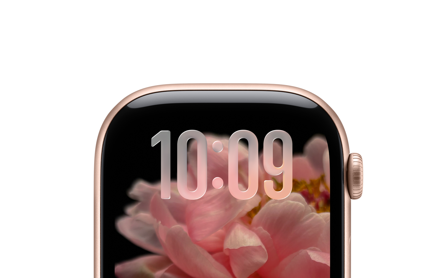 Apple Watch in Roségold ohne Armband, nur oberer Teil des Zifferblatts, transluzente Liquid Glass Zeitziffern oben
