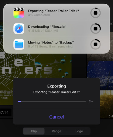 En liste viser oppdateringer i sanntid for prosesser som er i gang samtidig. En trailer blir eksportert, store filer blir lastet ned og «Notes» blir flyttet til «Backup».