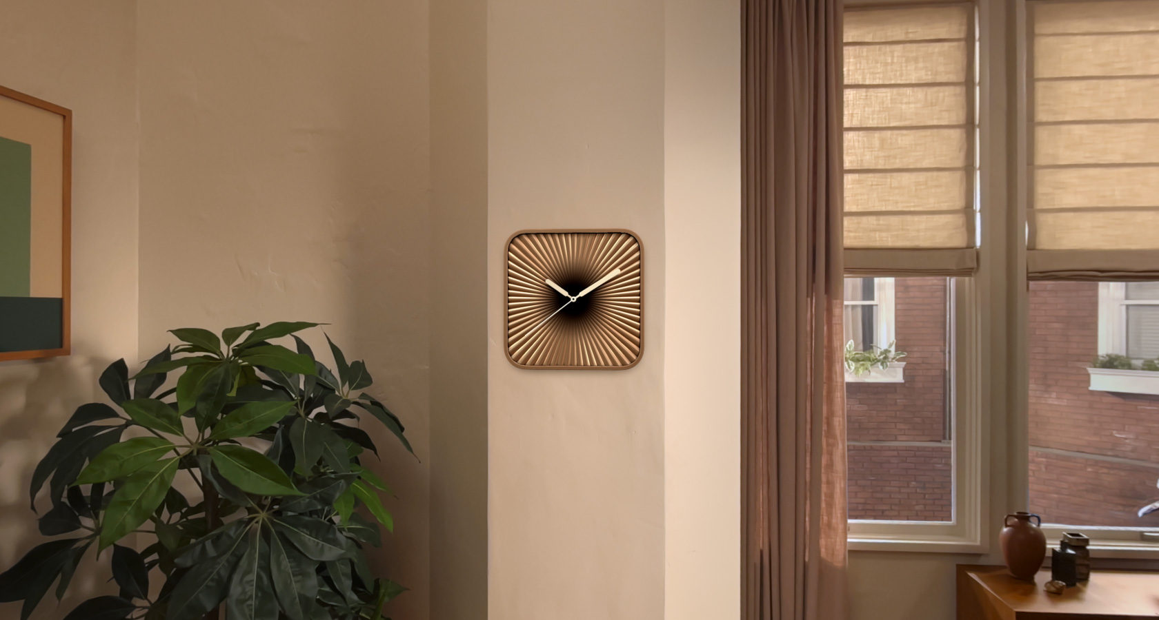 Closeup of clock widget in a physical space on a wall seen through Apple Vision Pro
