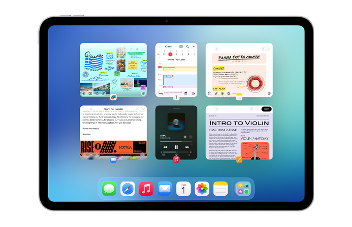 iPad, landscape orientation, screen shows six windows open in two rows, including Calendar app, Notes app, Apple Music, and Safari