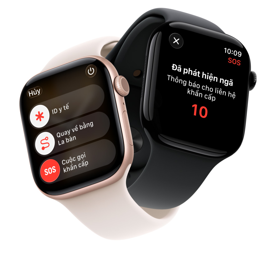 Apple Watch Series 11 devices, aluminum cases, rose gold and polished jet black colors, safety features onscreen: medical ID, compass backtrack, emergency call, Sport Bands, light blush and black colors