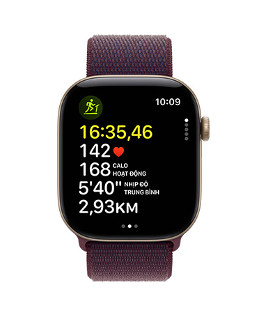 Apple Watch Series 12 in Light Gold Aluminum color and Burgundy Band, displaying workout metrics including time, heart rate, calories, and distance